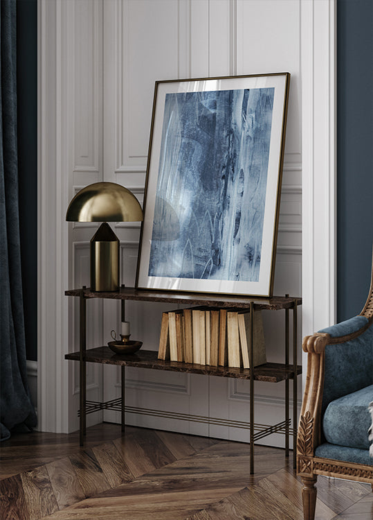 Poster mit fließenden vertikalen Linien mit blauer Textur