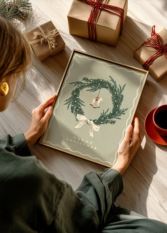 Pferdespielzeug auf Weihnachtskranz mit Schleife Poster