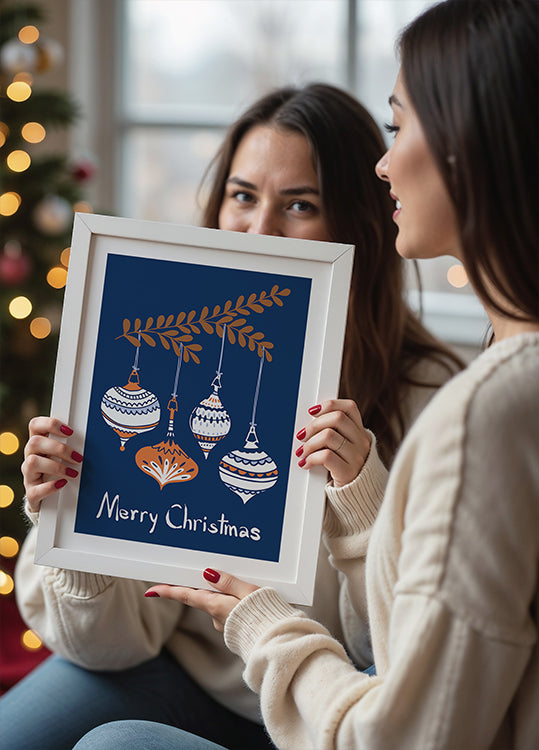 Fröhliche kleine Weihnachtskugeln, blaues Poster