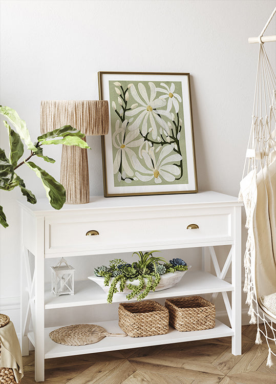 Poster mit Stern-Magnolien-Blumenmuster auf salbeifarbenem Hintergrund