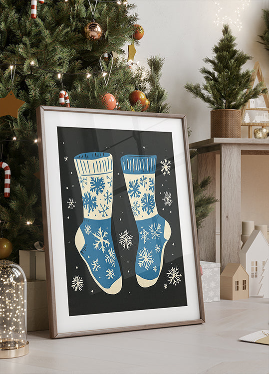Vintage-Socken-Strickwaren-Blau auf schwarzem Poster
