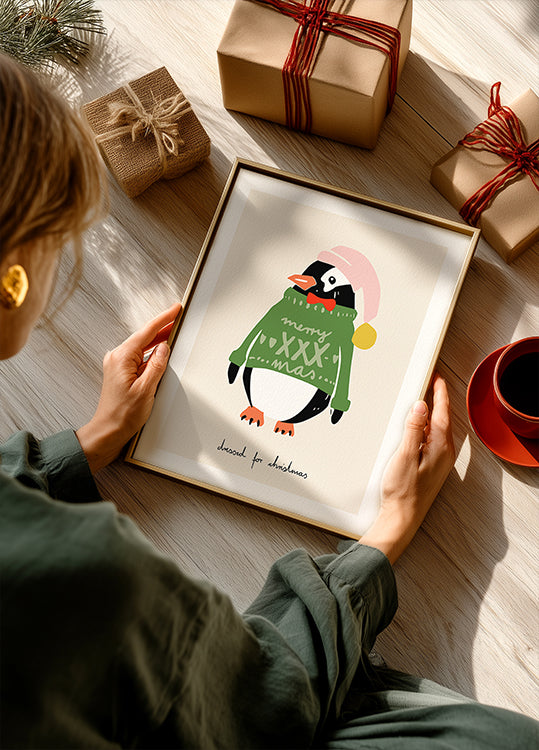 Festlich gekleidetes Pinguin-Plakat für Weihnachten