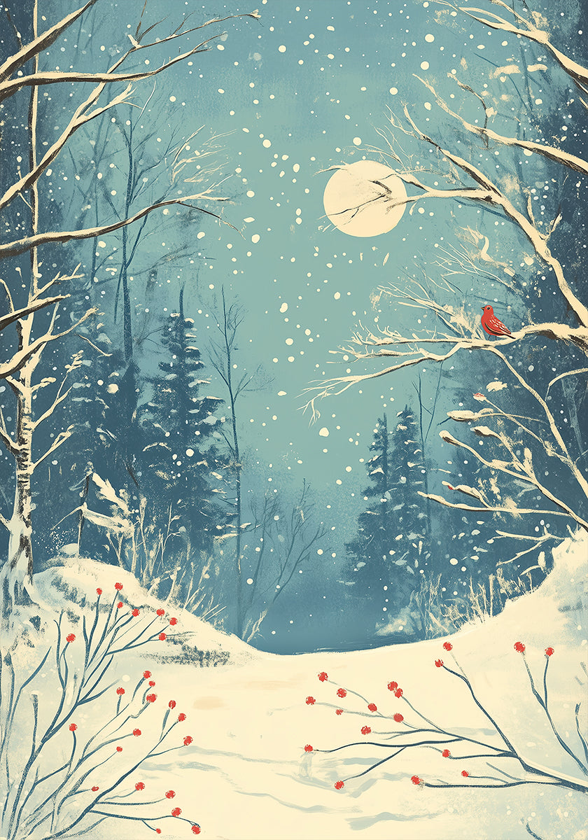 Red Bird in Snowy Forest Plakat - Posterbox