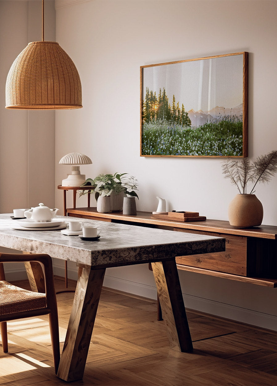 Alpendämmerung, Wildblumen und Waldsonnenaufgang Poster - Posterbox.dk