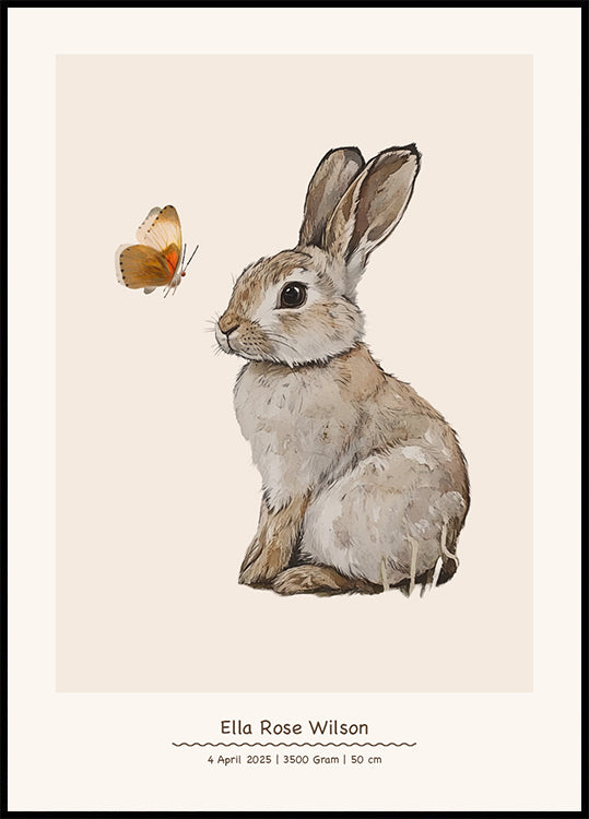 Baby-Hase und Schmetterling, personalisiertes Baby-Mädchen-Poster - Posterbox.dk