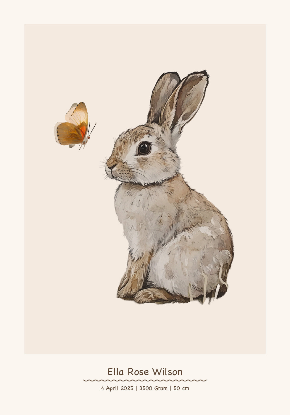 Baby-Hase und Schmetterling, personalisiertes Baby-Mädchen-Poster - Posterbox.dk