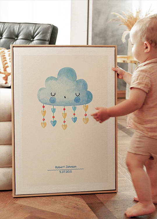 Blaue Aquarellwolke, personalisiertes Baby-Poster für Jungen – Posterbox.dk