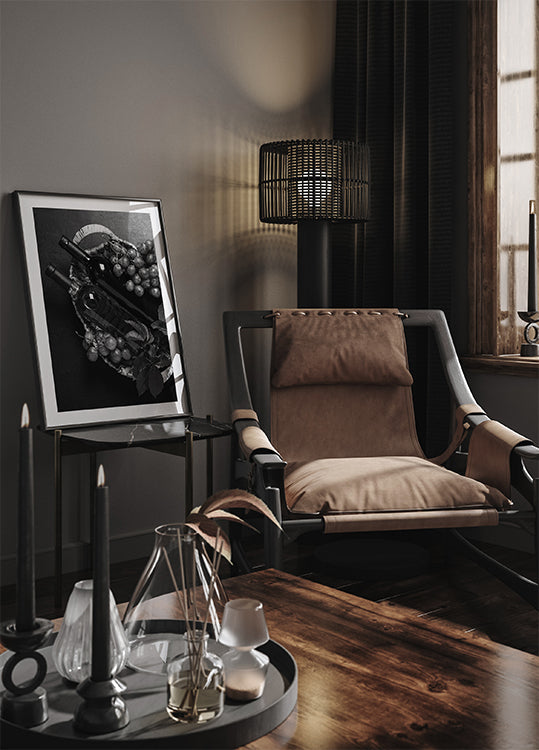 Flaschen Wein und Trauben Schwarz-Weiß-Poster - Posterbox.dk