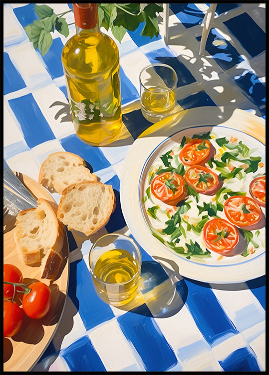 Caprese-Mittagessen auf blauen Fliesen, mediterranes Essen Poster - Posterbox.dk