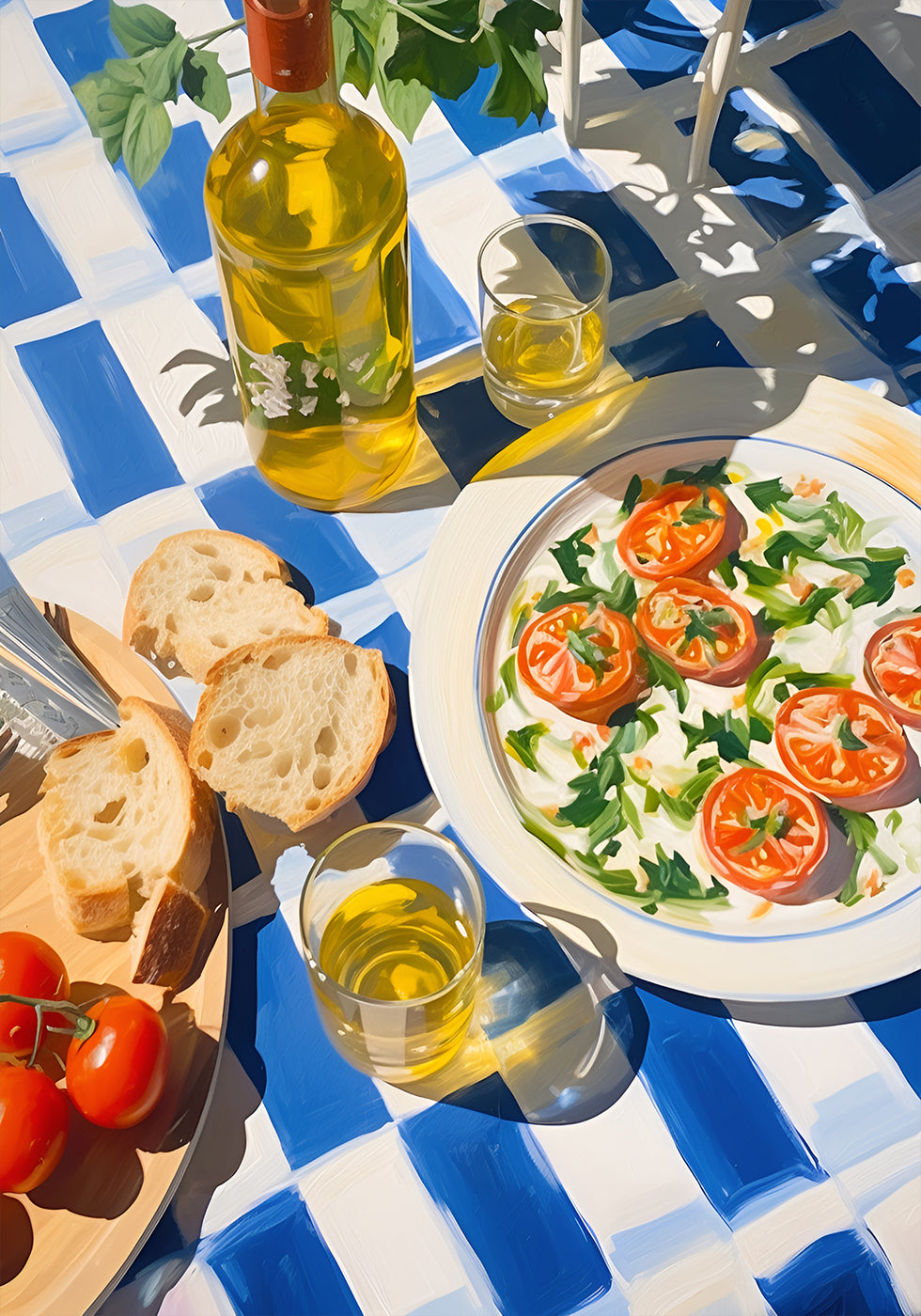 Caprese-Mittagessen auf blauen Fliesen, mediterranes Essen Poster - Posterbox.dk