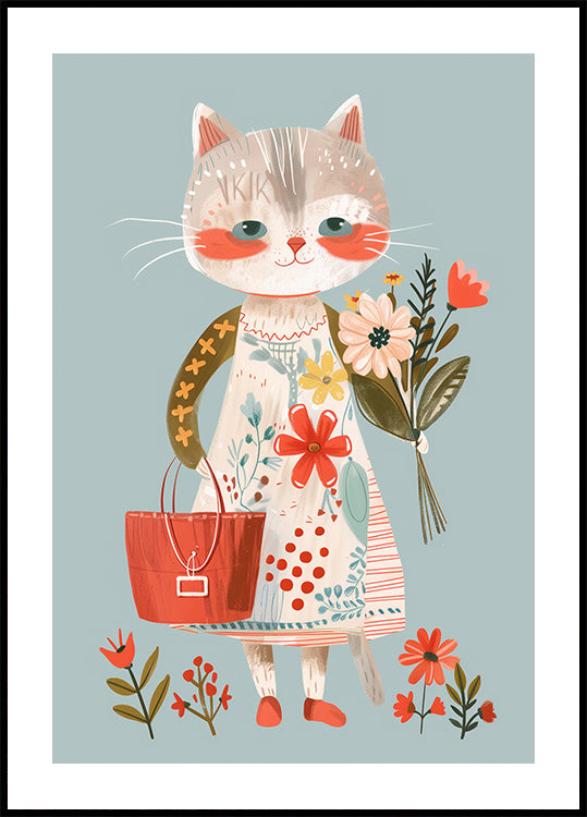 Katze im Blumenkleid mit Blumen Poster - Posterbox.dk