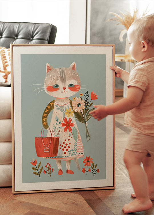Katze im Blumenkleid mit Blumen Poster - Posterbox.dk