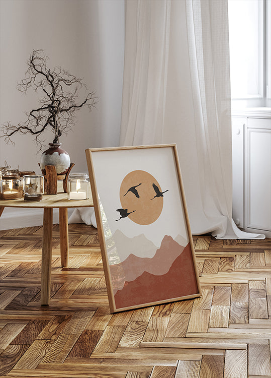 Kranichsilhouetten bei Sonnenuntergang Poster - Posterbox.dk