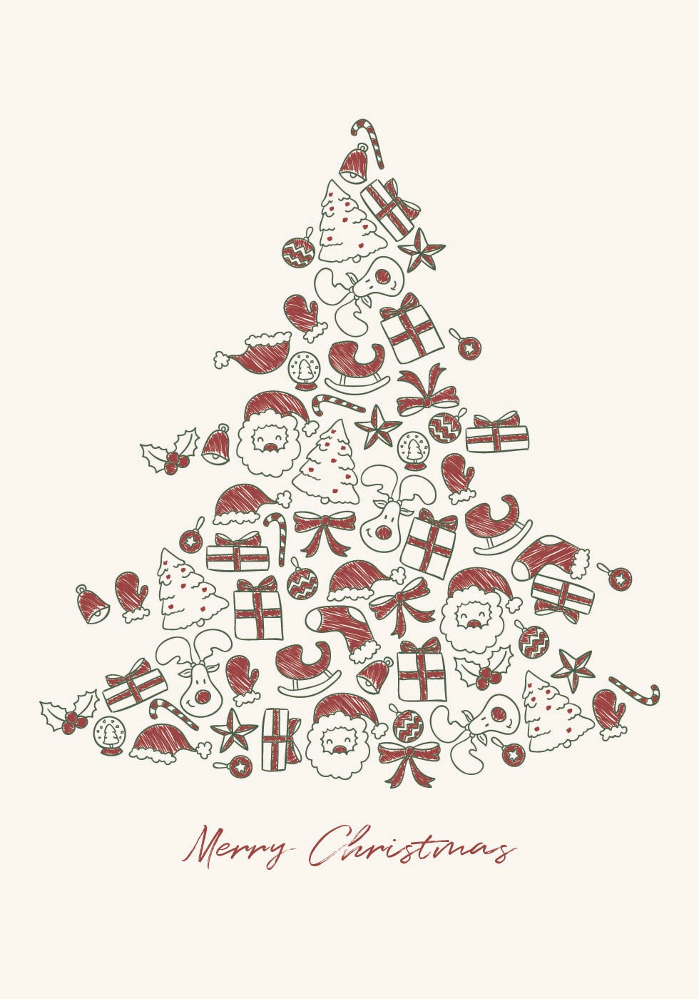 eine Weihnachtskarte mit einem Weihnachtsbaum aus Kritzeleien