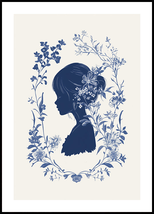Blumensilhouette, blühendes Mädchen, botanisches Indigo-Poster - Posterbox.dk