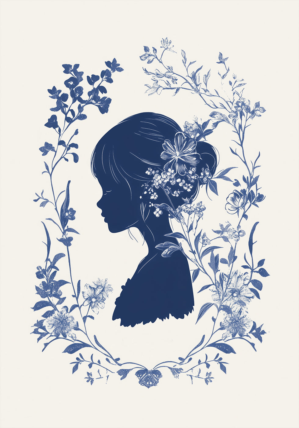 Blumensilhouette, blühendes Mädchen, botanisches Indigo-Poster - Posterbox.dk