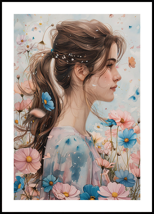 ein Gemälde einer Frau mit Blumen im Haar