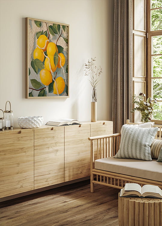 Poster mit frischen Zitronen im Netz, Zitrusfrüchten - Posterbox.dk