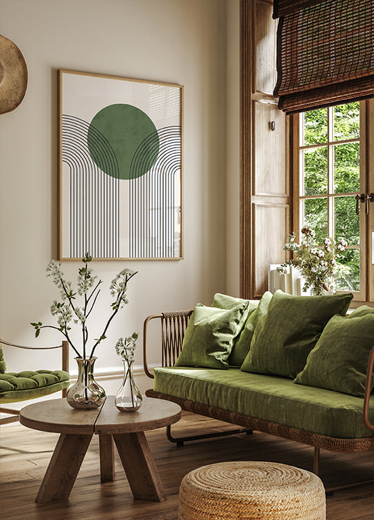 Green Orbit, minimalistisches abstraktes Poster mit Linien und Kreisen - Posterbox.dk
