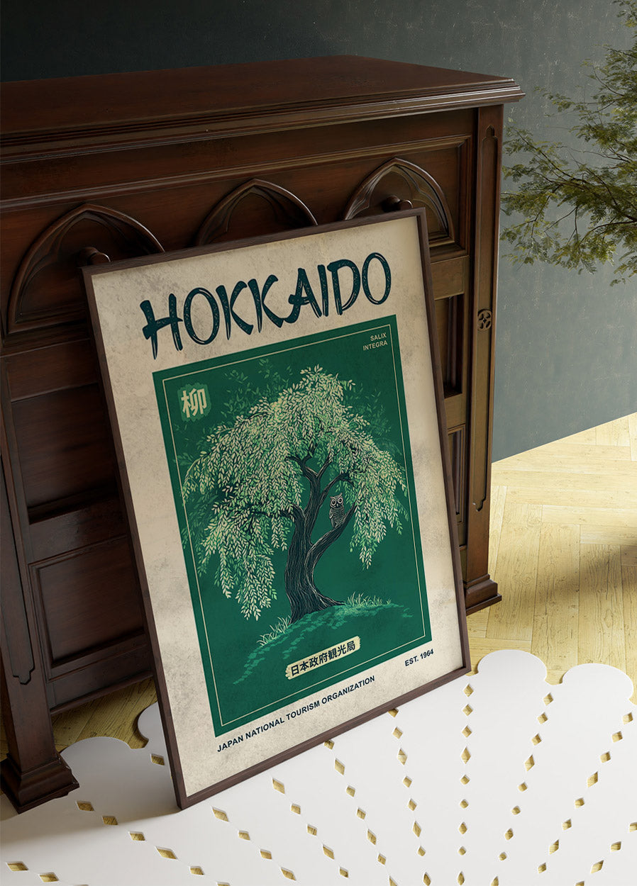 Hokkaido-Harmonie, Weidenbaum und Eule Poster - Posterbox.dk