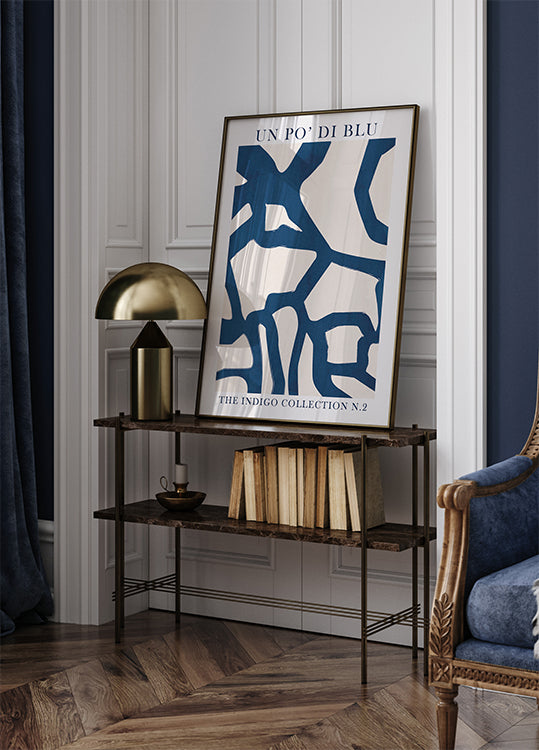 Indigo Flow, abstrakte Formen in Blau und Weiß Poster - Posterbox.dk