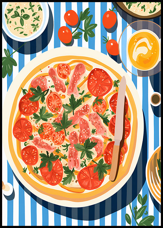 Italienische Pizza, Tomaten-Petersilien-Topping, gestreiftes Tischposter - Posterbox.dk