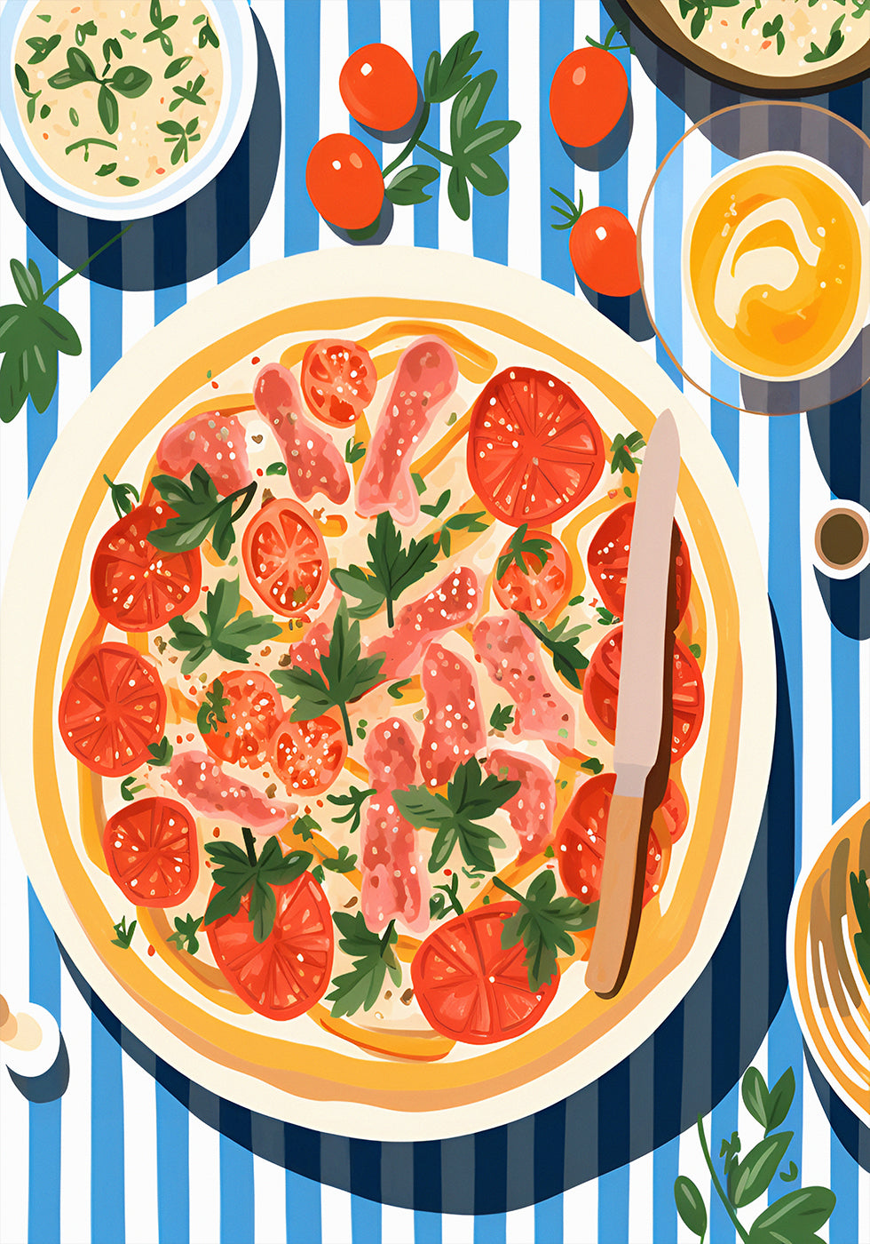 Italienische Pizza, Tomaten-Petersilien-Topping, gestreiftes Tischposter - Posterbox.dk