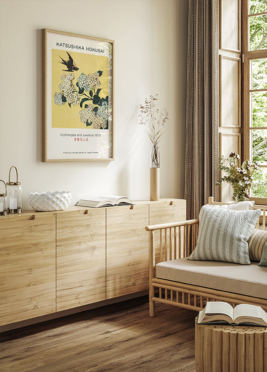 Katsushika Hokusai – Hortensie und Schwalbe Poster – Posterbox.dk