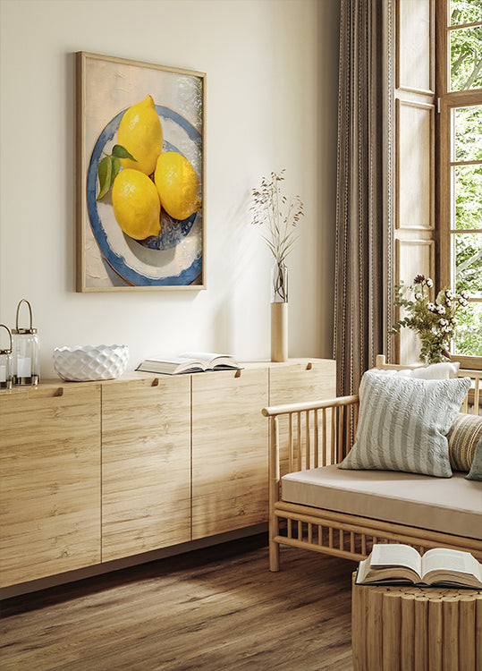 Poster „Zitronenstillleben, Teller mit blauem Rand“ – Posterbox.dk