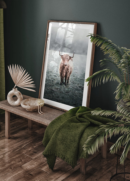 Majestätische Hochlandkuh im nebligen Feld Poster - Posterbox.dk