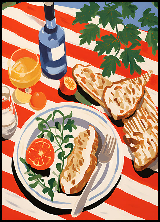 Mediterranes Brunch-Poster mit gestreifter Tischdecke - Posterbox.dk