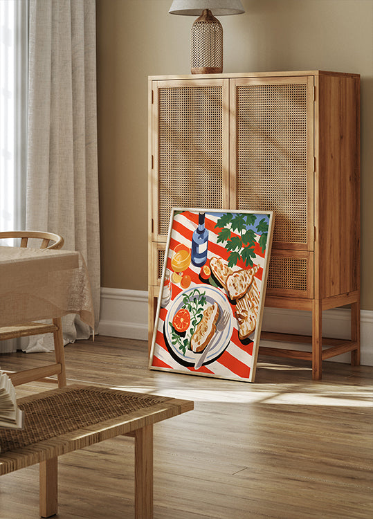 Mediterranes Brunch-Poster mit gestreifter Tischdecke - Posterbox.dk