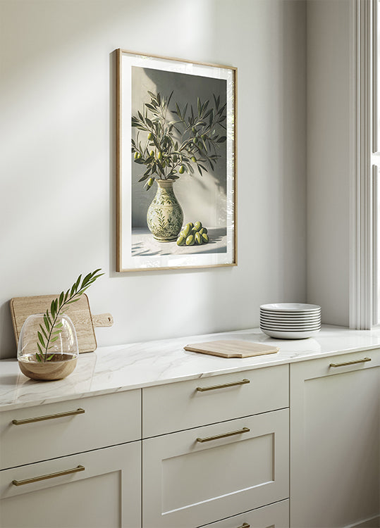 Olivenzweig in dekorativer Vase Stillleben-Poster - Posterbox.dk