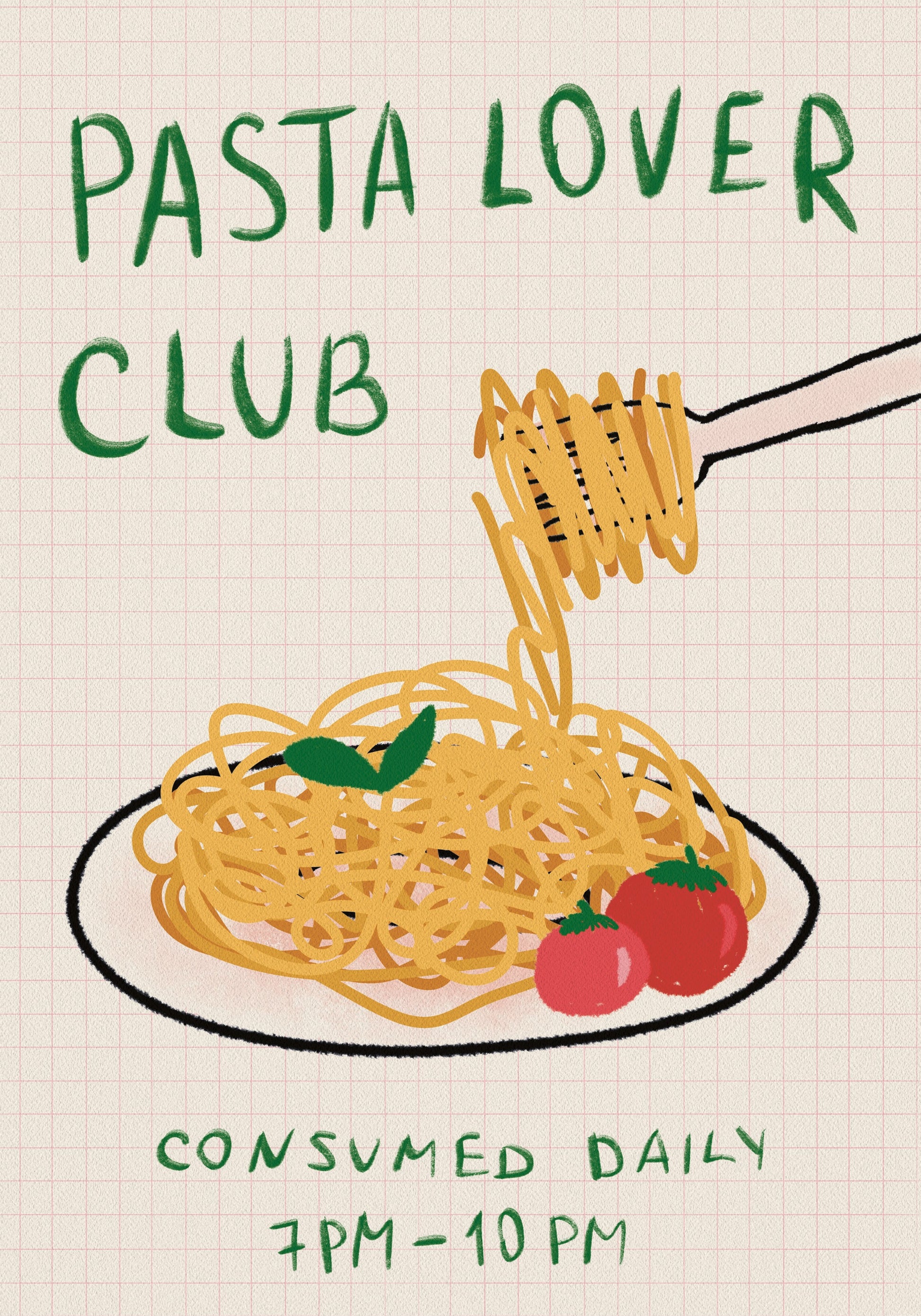 Pasta Lover Club, handgezeichnetes Spaghetti-Dinner-Poster - Posterbox.dk