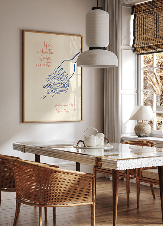 Pasta-Zitat-Druck, Gabel und Spaghetti, Magie und Pasta, italienisches Essensliebhaber-Poster – Posterbox.dk