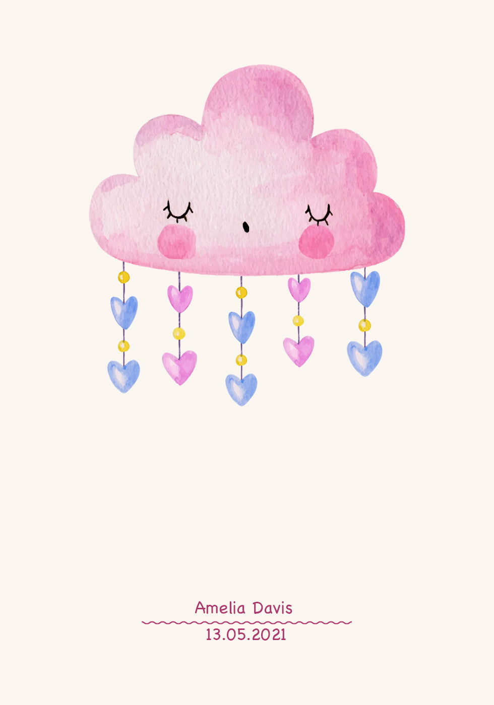 Rosa Aquarellwolke, personalisiertes Baby-Mädchen-Poster - Posterbox.dk