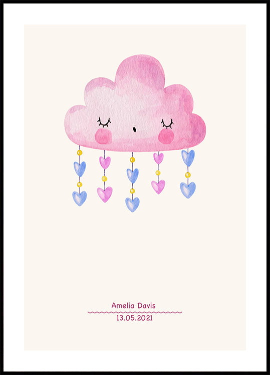 Rosa Aquarellwolke, personalisiertes Baby-Mädchen-Poster - Posterbox.dk
