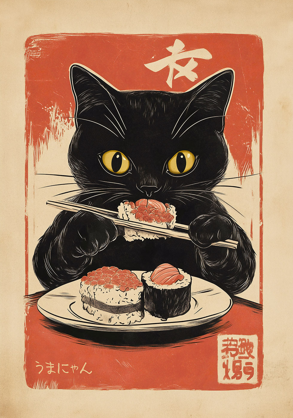 Retro Sushi Feast, Hungry Cat Artwork Poster - Posterbox.dk