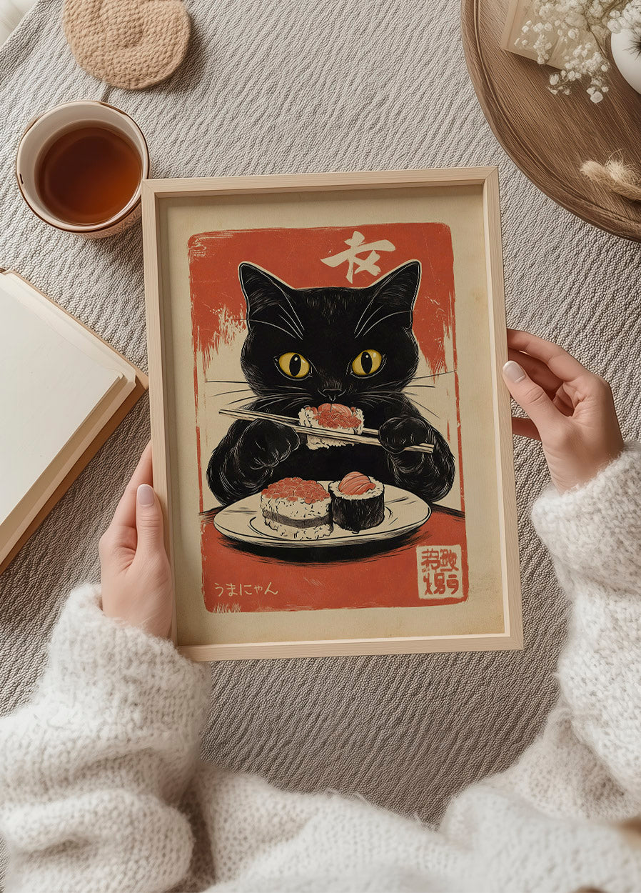 Retro Sushi Feast, Hungry Cat Artwork Poster - Posterbox.dk