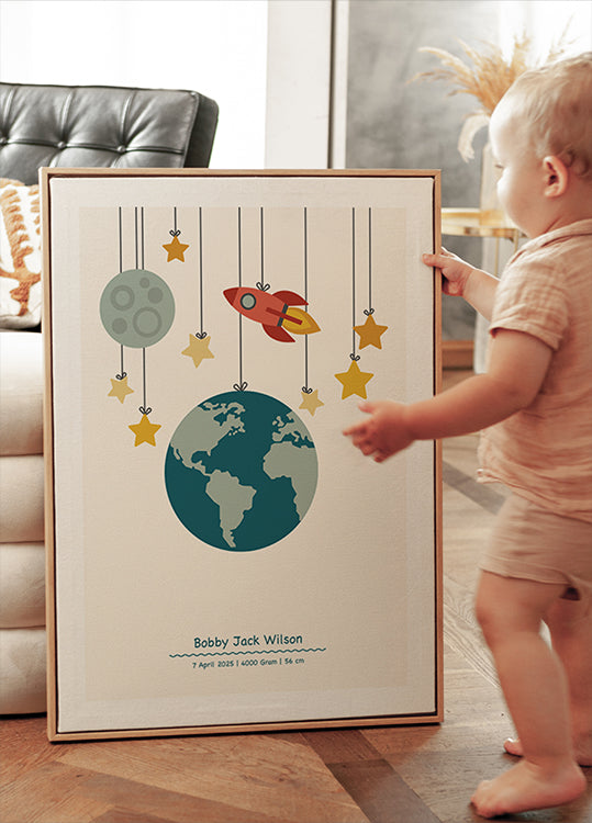 Rakete und Planeten, personalisiertes Baby-Poster für Jungen – Posterbox.dk