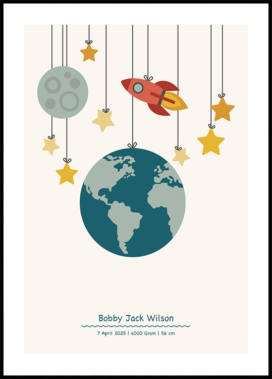 Rakete und Planeten, personalisiertes Baby-Poster für Jungen – Posterbox.dk