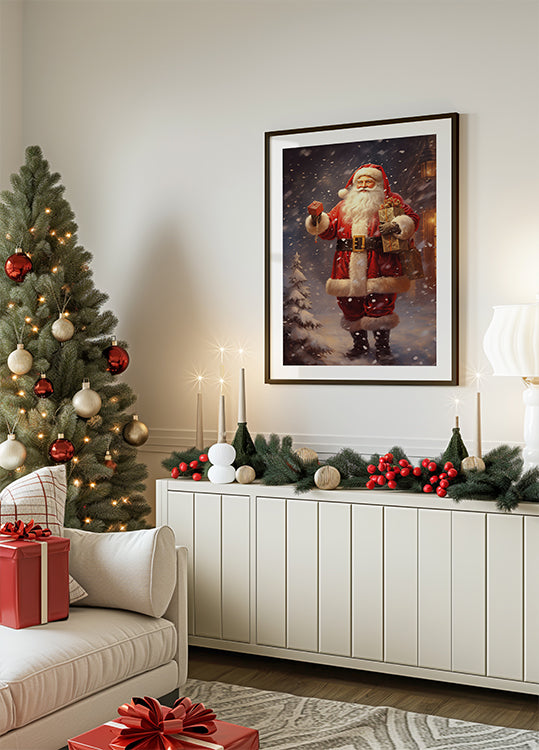 Weihnachtsmann mit Geschenken Poster - Posterbox.dk