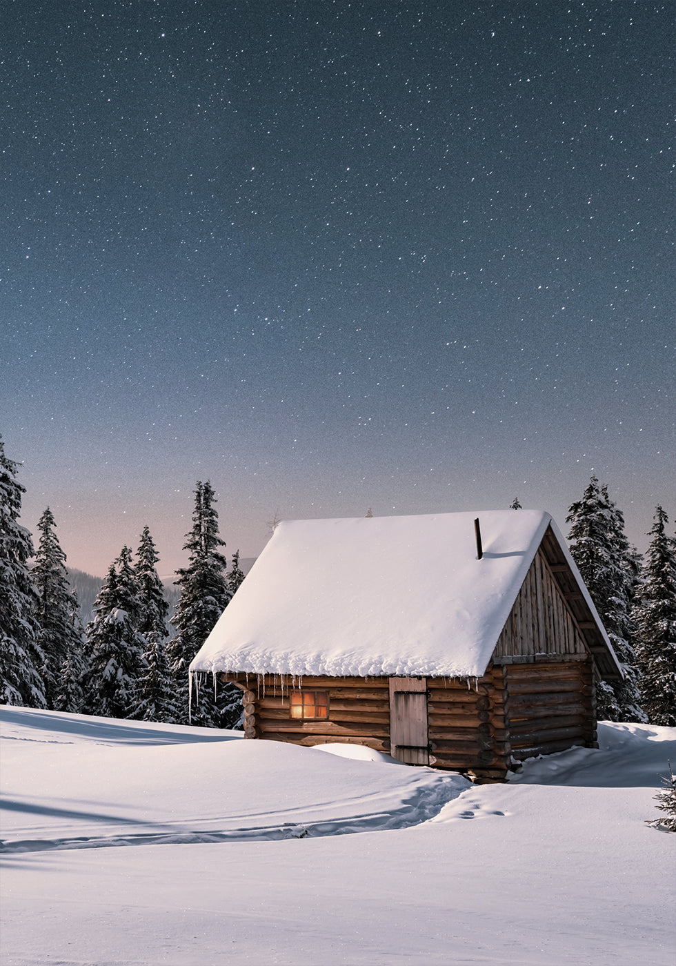 eine Hütte mitten in einem verschneiten Feld