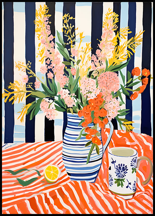 Sommerblumen, gestreifte Vase, Zitronenstillleben-Poster - Posterbox.dk