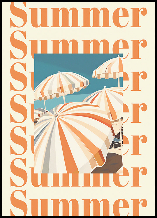 Sommerschirme-Druck, gestreifte Sonnenschirme-Kunst, Küstenstrandszenen-Poster - Posterbox.dk