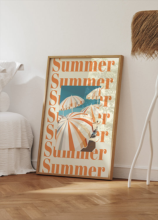Sommerschirme-Druck, gestreifte Sonnenschirme-Kunst, Küstenstrandszenen-Poster - Posterbox.dk