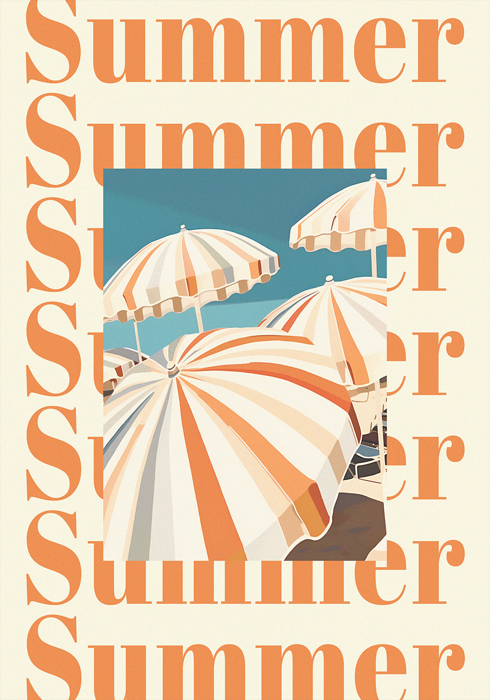 Sommerschirme-Druck, gestreifte Sonnenschirme-Kunst, Küstenstrandszenen-Poster - Posterbox.dk