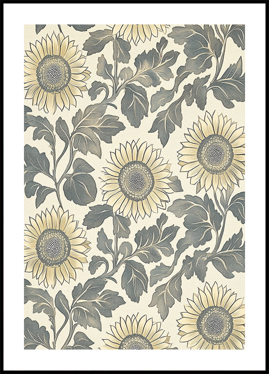 Sonnenblume botanisches Vintage-Muster Creme Poster - Posterbox.dk