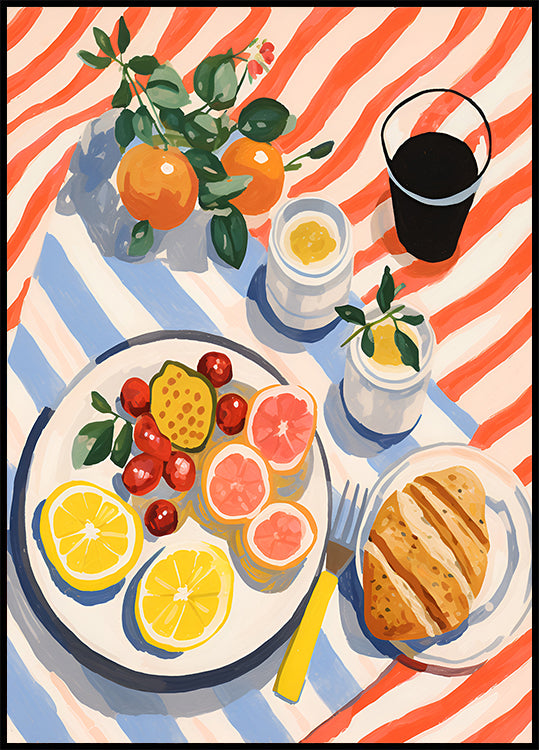 Sunny Breakfast, Zitrus- und Croissant-Kunstposter - Posterbox.dk