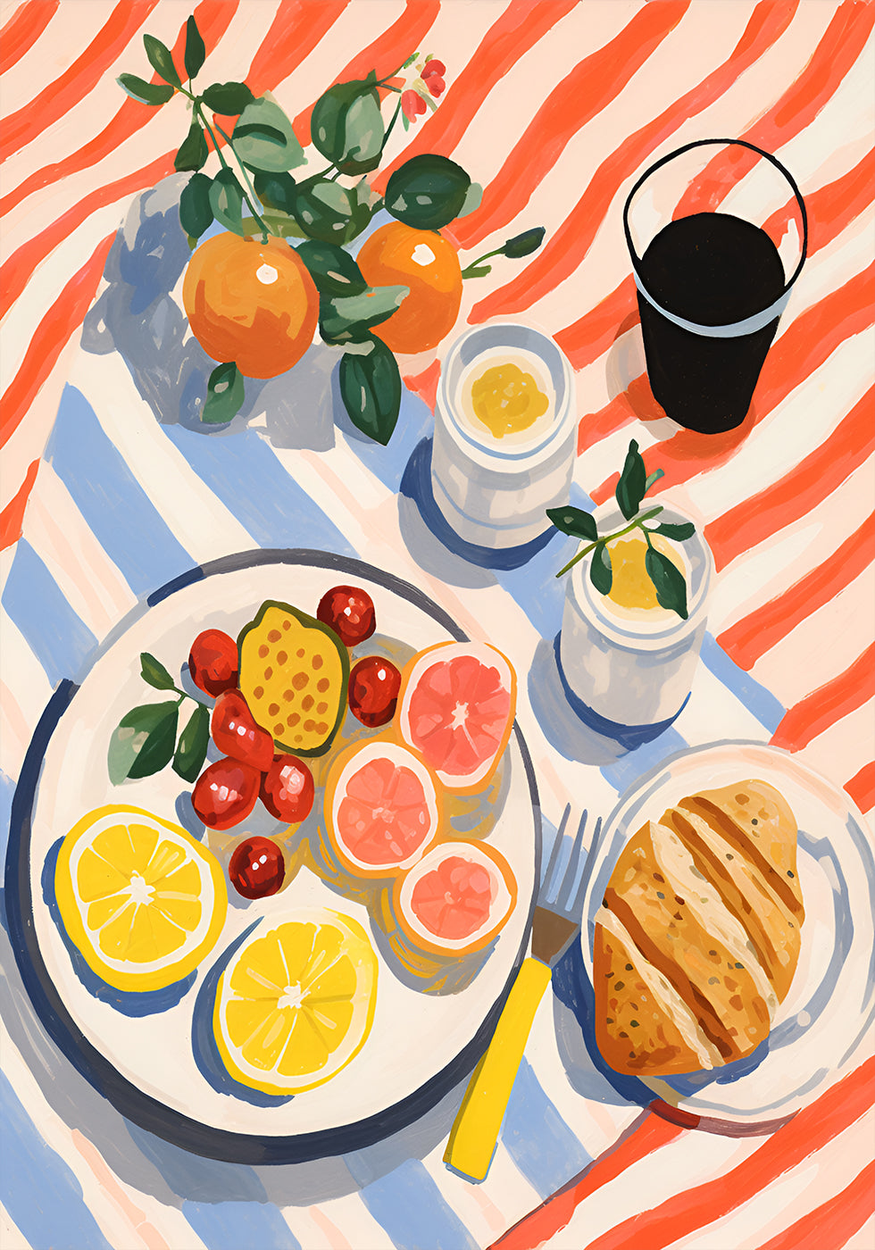 Sunny Breakfast, Zitrus- und Croissant-Kunstposter - Posterbox.dk